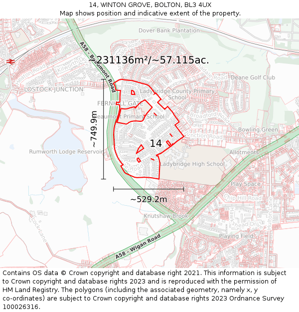 14, WINTON GROVE, BOLTON, BL3 4UX: Plot and title map