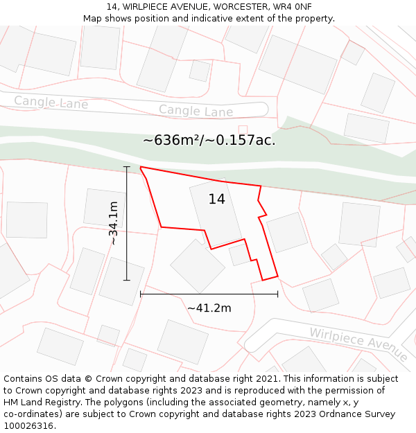 14, WIRLPIECE AVENUE, WORCESTER, WR4 0NF: Plot and title map