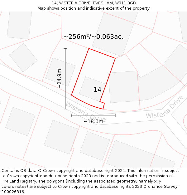 14, WISTERIA DRIVE, EVESHAM, WR11 3GD: Plot and title map