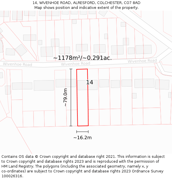 14, WIVENHOE ROAD, ALRESFORD, COLCHESTER, CO7 8AD: Plot and title map