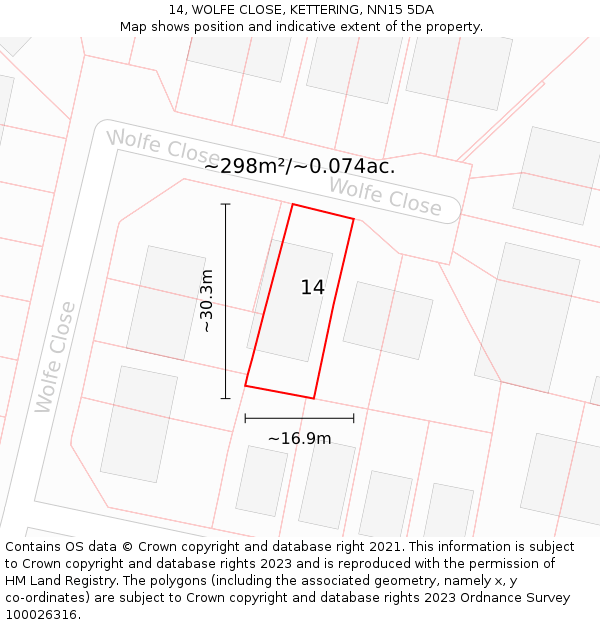 14, WOLFE CLOSE, KETTERING, NN15 5DA: Plot and title map