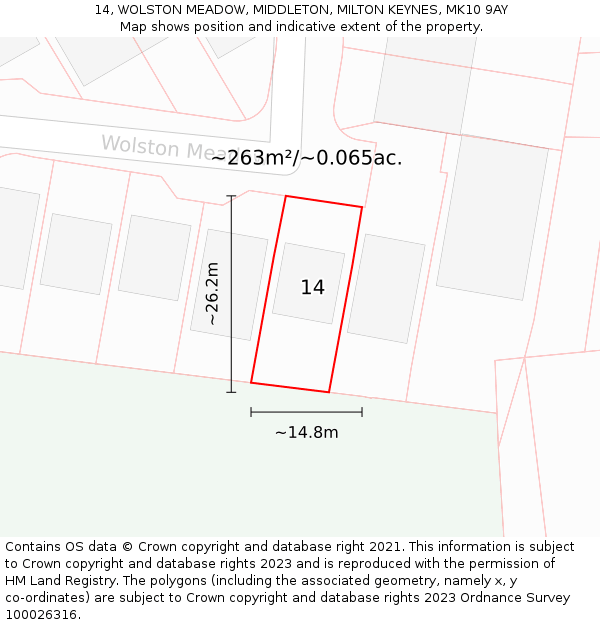 14, WOLSTON MEADOW, MIDDLETON, MILTON KEYNES, MK10 9AY: Plot and title map