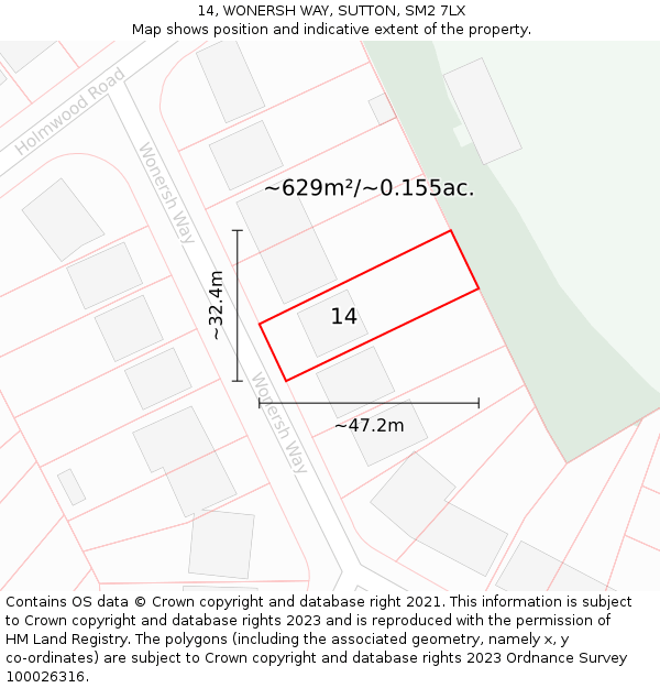 14, WONERSH WAY, SUTTON, SM2 7LX: Plot and title map