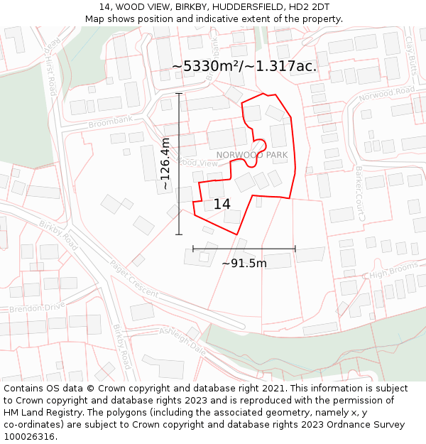 14, WOOD VIEW, BIRKBY, HUDDERSFIELD, HD2 2DT: Plot and title map