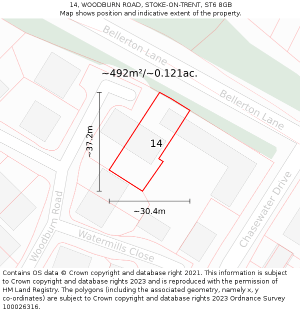 14, WOODBURN ROAD, STOKE-ON-TRENT, ST6 8GB: Plot and title map