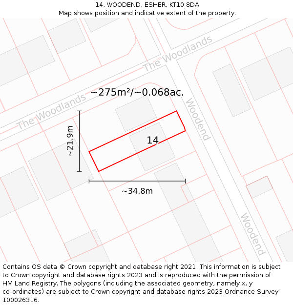 14, WOODEND, ESHER, KT10 8DA: Plot and title map