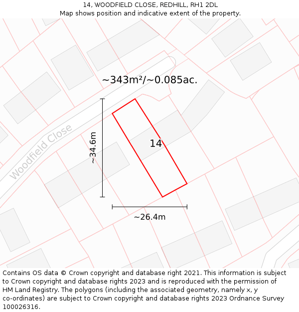14, WOODFIELD CLOSE, REDHILL, RH1 2DL: Plot and title map