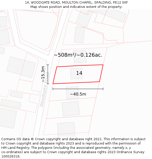 14, WOODGATE ROAD, MOULTON CHAPEL, SPALDING, PE12 0XF: Plot and title map