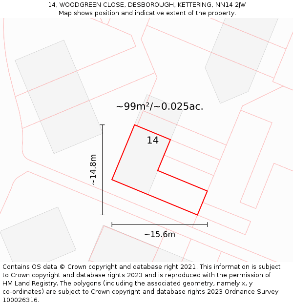 14, WOODGREEN CLOSE, DESBOROUGH, KETTERING, NN14 2JW: Plot and title map