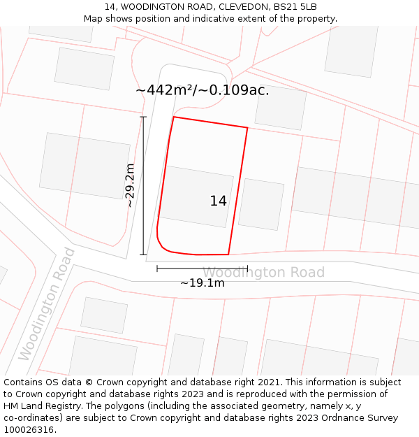 14, WOODINGTON ROAD, CLEVEDON, BS21 5LB: Plot and title map