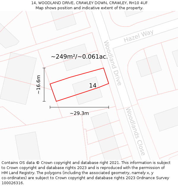 14, WOODLAND DRIVE, CRAWLEY DOWN, CRAWLEY, RH10 4UF: Plot and title map