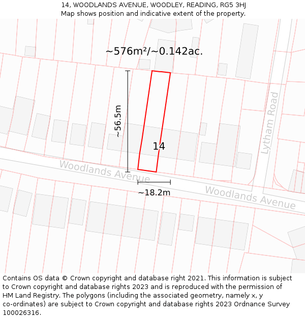 14, WOODLANDS AVENUE, WOODLEY, READING, RG5 3HJ: Plot and title map