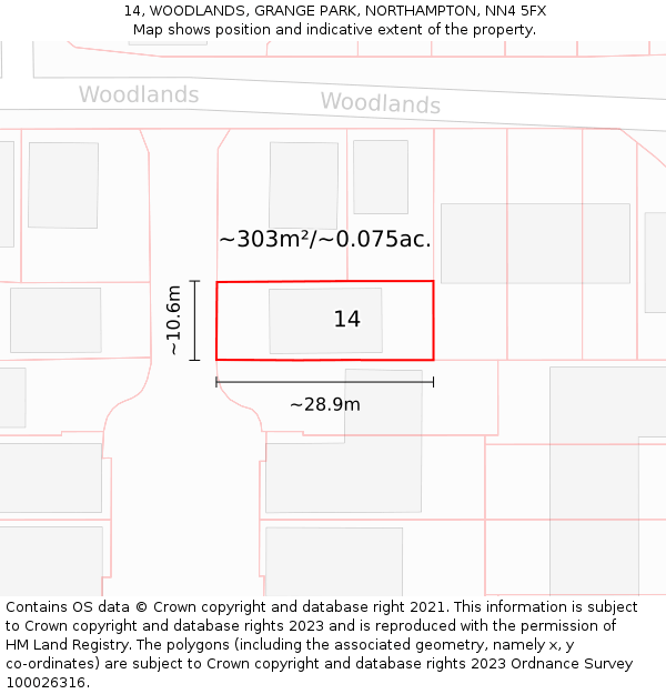 14, WOODLANDS, GRANGE PARK, NORTHAMPTON, NN4 5FX: Plot and title map