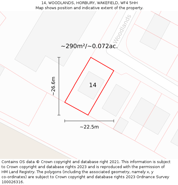 14, WOODLANDS, HORBURY, WAKEFIELD, WF4 5HH: Plot and title map