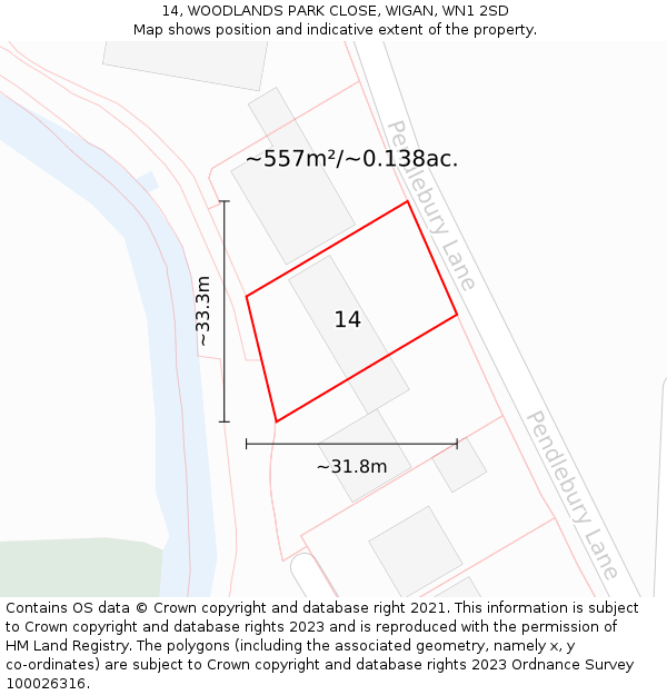 14, WOODLANDS PARK CLOSE, WIGAN, WN1 2SD: Plot and title map