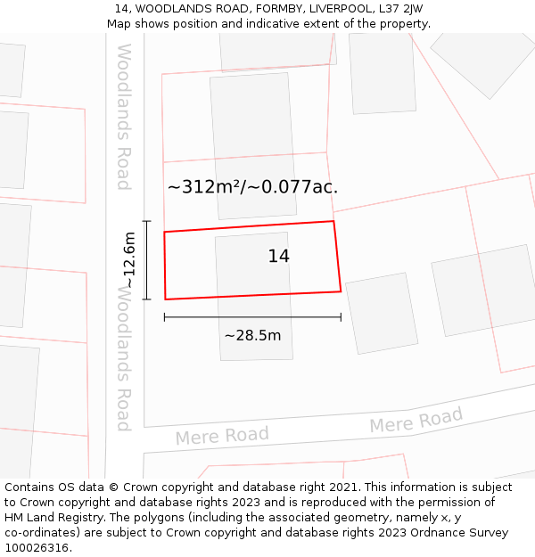 14, WOODLANDS ROAD, FORMBY, LIVERPOOL, L37 2JW: Plot and title map