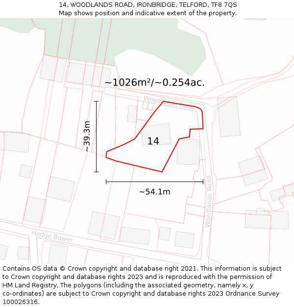 14, WOODLANDS ROAD, IRONBRIDGE, TELFORD, TF8 7QS: Plot and title map