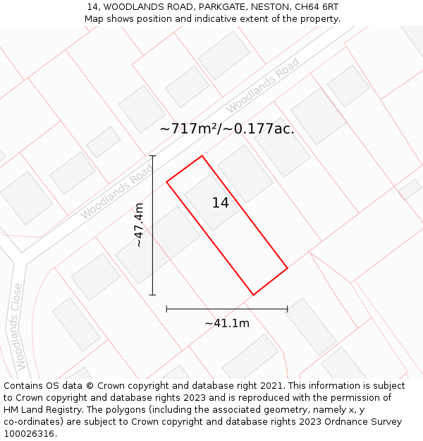 14, WOODLANDS ROAD, PARKGATE, NESTON, CH64 6RT: Plot and title map