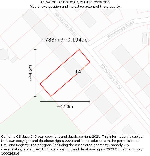 14, WOODLANDS ROAD, WITNEY, OX28 2DN: Plot and title map