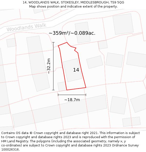 14, WOODLANDS WALK, STOKESLEY, MIDDLESBROUGH, TS9 5QG: Plot and title map