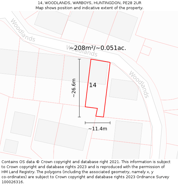 14, WOODLANDS, WARBOYS, HUNTINGDON, PE28 2UR: Plot and title map