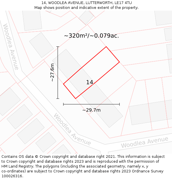 14, WOODLEA AVENUE, LUTTERWORTH, LE17 4TU: Plot and title map