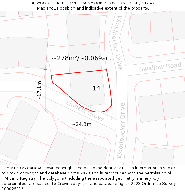 14, WOODPECKER DRIVE, PACKMOOR, STOKE-ON-TRENT, ST7 4GJ: Plot and title map