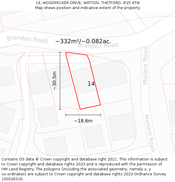 14, WOODPECKER DRIVE, WATTON, THETFORD, IP25 6TW: Plot and title map