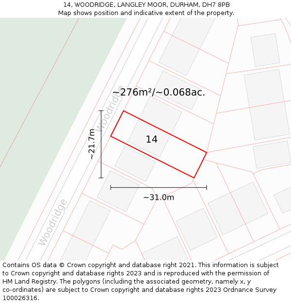 14, WOODRIDGE, LANGLEY MOOR, DURHAM, DH7 8PB: Plot and title map