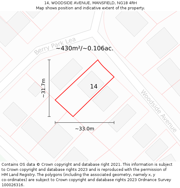 14, WOODSIDE AVENUE, MANSFIELD, NG18 4RH: Plot and title map