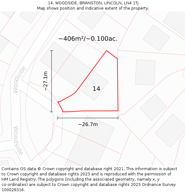 14, WOODSIDE, BRANSTON, LINCOLN, LN4 1TJ: Plot and title map