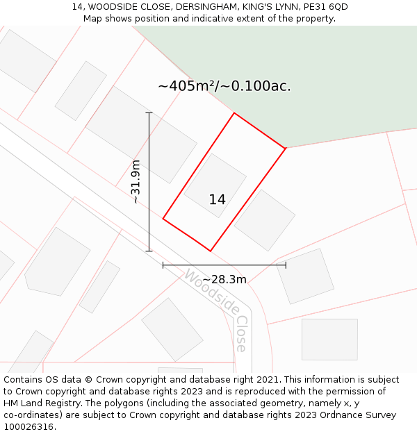 14, WOODSIDE CLOSE, DERSINGHAM, KING'S LYNN, PE31 6QD: Plot and title map