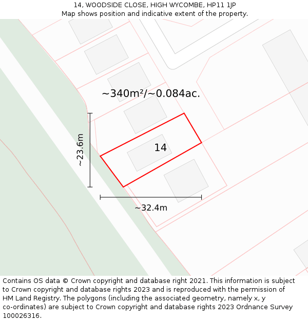 14, WOODSIDE CLOSE, HIGH WYCOMBE, HP11 1JP: Plot and title map