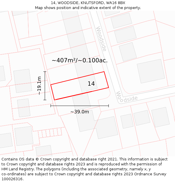 14, WOODSIDE, KNUTSFORD, WA16 8BX: Plot and title map
