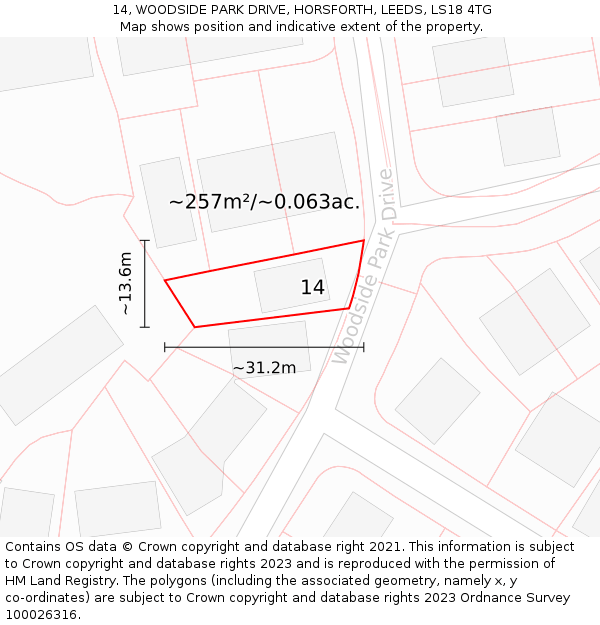 14, WOODSIDE PARK DRIVE, HORSFORTH, LEEDS, LS18 4TG: Plot and title map