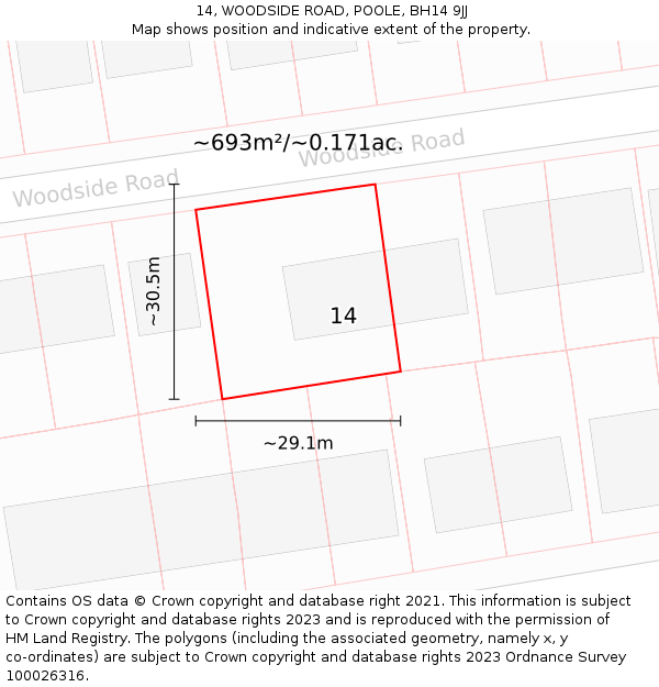 14, WOODSIDE ROAD, POOLE, BH14 9JJ: Plot and title map