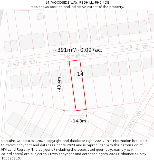 14, WOODSIDE WAY, REDHILL, RH1 4DB: Plot and title map
