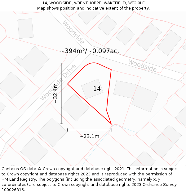 14, WOODSIDE, WRENTHORPE, WAKEFIELD, WF2 0LE: Plot and title map