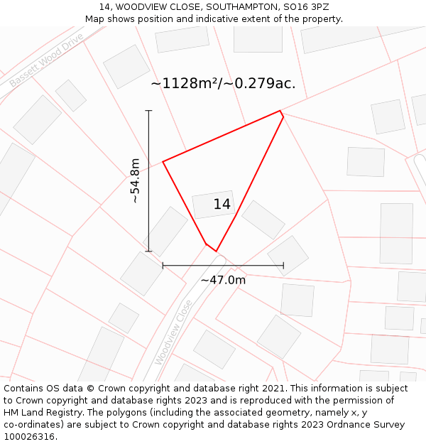 14, WOODVIEW CLOSE, SOUTHAMPTON, SO16 3PZ: Plot and title map