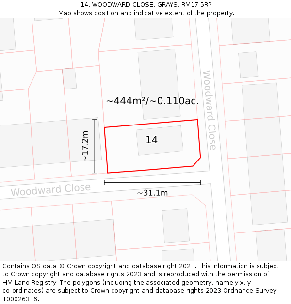 14, WOODWARD CLOSE, GRAYS, RM17 5RP: Plot and title map