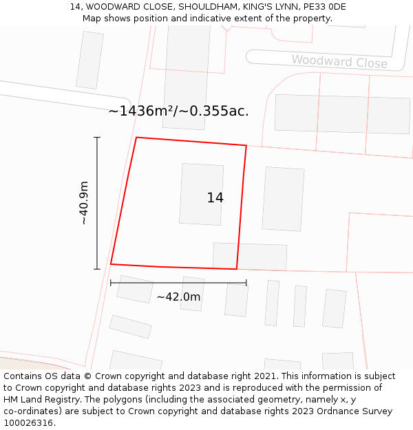 14, WOODWARD CLOSE, SHOULDHAM, KING'S LYNN, PE33 0DE: Plot and title map