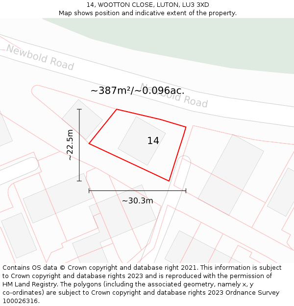 14, WOOTTON CLOSE, LUTON, LU3 3XD: Plot and title map