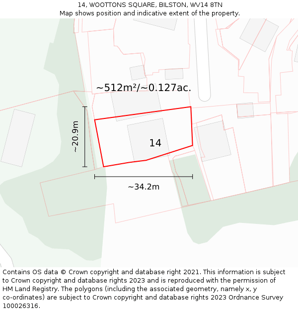 14, WOOTTONS SQUARE, BILSTON, WV14 8TN: Plot and title map