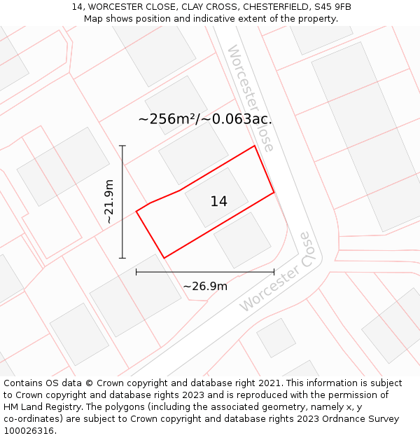 14, WORCESTER CLOSE, CLAY CROSS, CHESTERFIELD, S45 9FB: Plot and title map