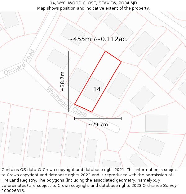 14, WYCHWOOD CLOSE, SEAVIEW, PO34 5JD: Plot and title map