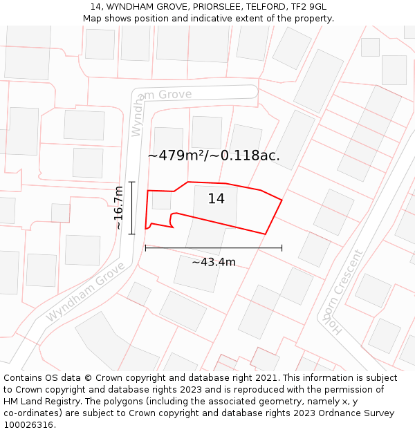 14, WYNDHAM GROVE, PRIORSLEE, TELFORD, TF2 9GL: Plot and title map