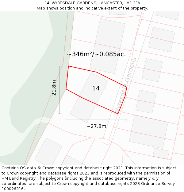 14, WYRESDALE GARDENS, LANCASTER, LA1 3FA: Plot and title map