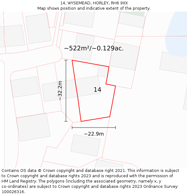 14, WYSEMEAD, HORLEY, RH6 9XX: Plot and title map