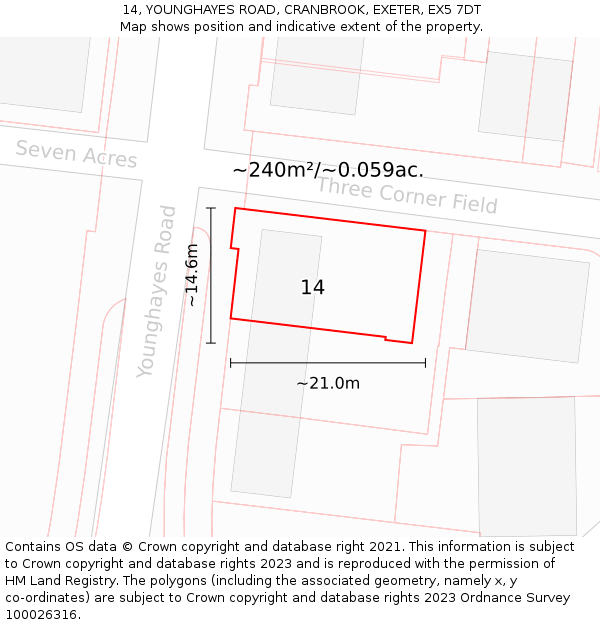 14, YOUNGHAYES ROAD, CRANBROOK, EXETER, EX5 7DT: Plot and title map