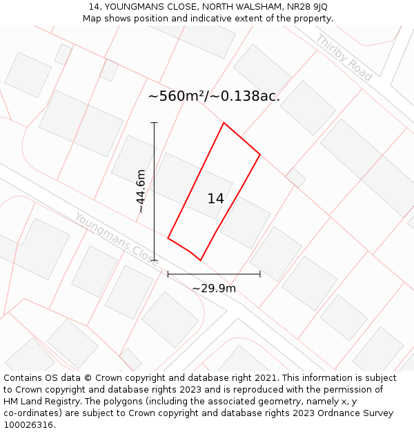 14, YOUNGMANS CLOSE, NORTH WALSHAM, NR28 9JQ: Plot and title map